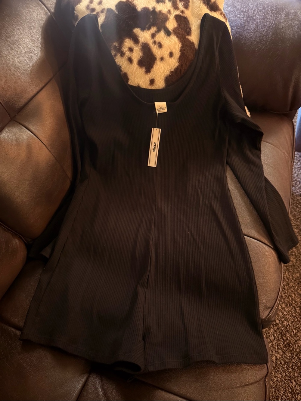 PINK Victoria's Secret Black Ribbed Long-Sleeve Scoop Neck Top